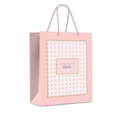 Kit Sacola De Papel Premium Paglia Rosa M 31x26x10cm - 10 Un