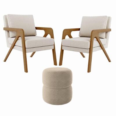 Kit 2 Poltrona Decorativa E Puff Sala Moderno Escritório Gaia Bouclé Bege