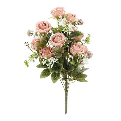 Flores Decorativas Permanentes - Buquê De Rosas X9 47cm Salmão - 1 Buquê