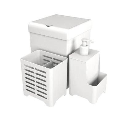 Kit Pia 3 Peças Lixeira Dispenser Porta Talher Cozinha - Stolf Branco