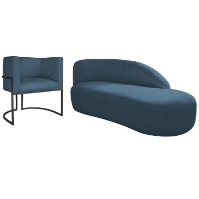 Kit Divã Luna 140cm Lado Direito E 01 Poltrona Base De Ferro Preto Linho Cor Azul Royal