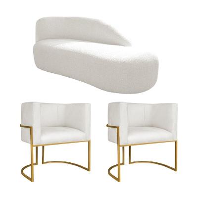 Kit Divã Luna 185cm Lado Direito E 02 Poltronas Base De Ferro Dourado Bouclé Cor Branco Tx