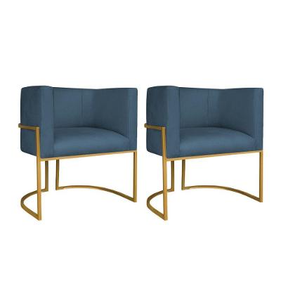 Kit 02 Poltronas Decorativas Luna Base De Ferro Dourado Linho Cor Azul Royal