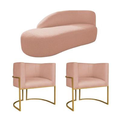 Kit Divã Luna 185cm Lado Esquerdo E 02 Poltronas Base De Ferro Dourado Suede Cor Rosê