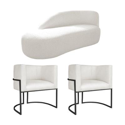 Kit Divã Luna 140cm Lado Esquerdo E 02 Poltronas Base De Ferro Preto Bouclé Cor Branco Tx