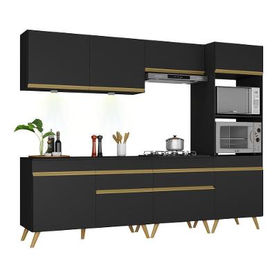 Armário De Cozinha Completa 252cm Com Leds Veneza Up Multimóveis V2035 Preto/dourado Preto/dourado