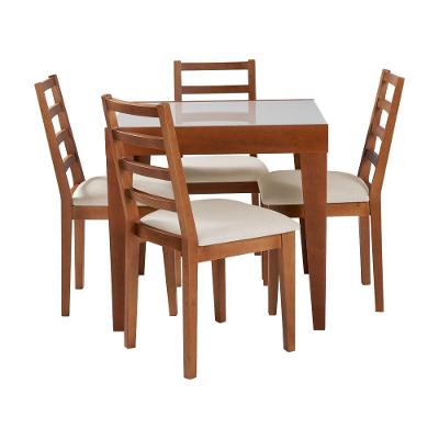 Conjunto De Jantar Mesa Tock 80cm Com 4 Cadeiras Aline Linho Creme - Mel