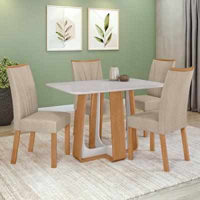 Conjunto Sala de Jantar Mesa 120x80cm Tampo Vidro/MDF 4 Cadeiras Linho Bege Amendoa Clean/off White