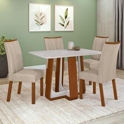 Conjunto Sala de Jantar Mesa 120x80cm Tampo Vidro/MDF com 4 Cadeiras Linho Bege Frassino/Off White
