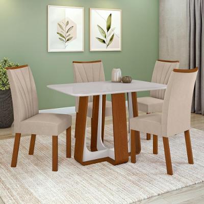 Conjunto Sala de Jantar Mesa 120x80cm Tampo Vidro/MDF com 4 Cadeiras Veludo Creme Frassino/Off White