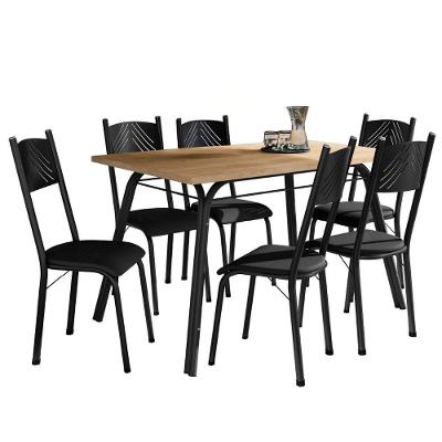 Conjunto De Mesa Sala De Jantar Lotus Com 6 Cadeiras Tampo Madeirado 1,36m Preto Artefamol Preto