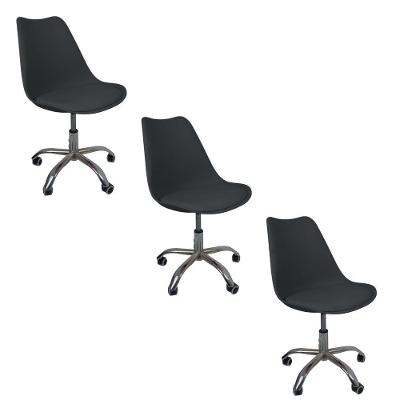 Kit 3 Cadeiras Office Base Cromada Com Rodizio Giratória Saarinen Preto