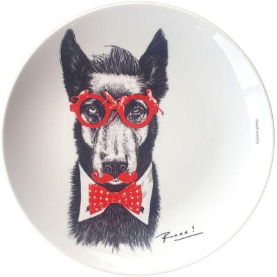 Prato De Porcelana Cachorro Dog Bowie - Red&blue Ronn Kools - 24 Cm