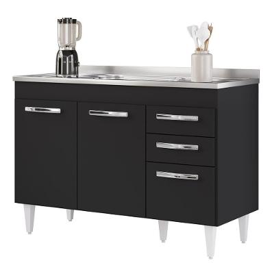 Balcão Gabinete Com Pia Inox 120cm 3 Portas 2 Gavetas Suécia Preto - Lumil