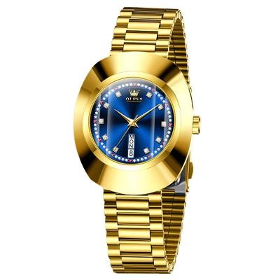 Relógio De Quartzo Fashion Mostrador Redondo Pulseira De Aço Inoxidável Azul Dourado