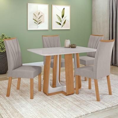 Conjunto Sala dDe Jantar Mesa 120x80cm Tampo Vidro/MDF 4 Cadeiras Veludo Capuccino Amendo/Off White