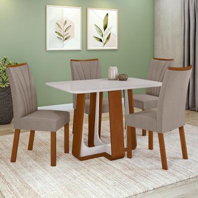 Conjunto Sala De Jantar Mesa Easy Pop 120x80cm Tampo Vidro/MDF Com 4 Cadeiras Confort Suede Bege Frassino/Off White