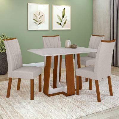 Conjunto Sala De Jantar Mesa Easy Pop 120x80cm Tampo Vidro/MDF Com 4 Cadeiras Confort Linho Cinza Frassino/Off White