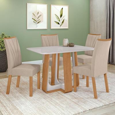 Conjunto Sala De Jantar Mesa Easy Pop 120x80cm Tampo Vidro/MDF Com 4 Cadeiras Confort Veludo Naturale Amendoa/Off White