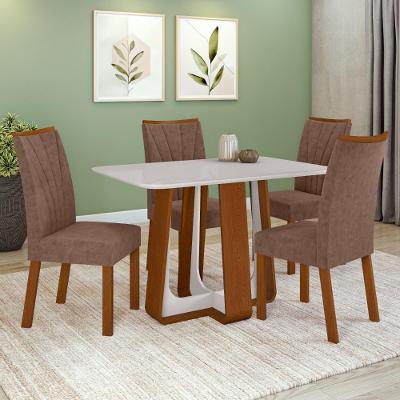 Conjunto Sala De Jantar Mesa Easy Pop 120x80cm Tampo Vidro/MDF Com 4 Cadeiras Confort Couro Morano Frassino/Off White
