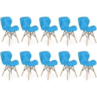 Kit 10 Cadeiras De Jantar Charles Eames Slim Wood Estofada - Azul