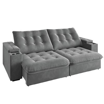 Sofá Retrátil E Reclinável 3 Lugares 2,30m Com Porta Copos Veludo New Coliseu Selmer Cinza Cinza