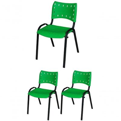 Cadeira Iso Base Preto Igreja, Escola, Escritório - Verde - Kit 3 Peças