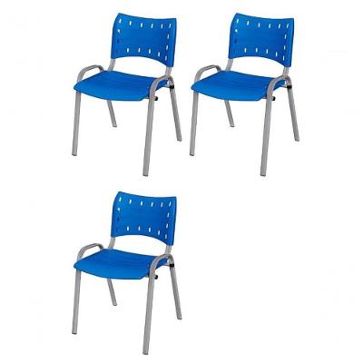 Cadeira Iso Base Cinza, Igreja, Escola, Escritório - Azul Kit 3 Peças
