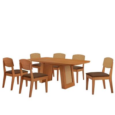 Mesa Carolina 180 Tampo Mdf 6 Cadeiras Moderna Mobilia Veludo Marrom / Naturalle/naturalle/palh
