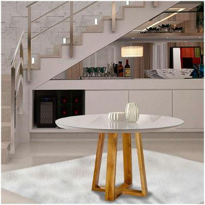 Mesa de Jantar Redonda Tampo de Vidro 100cm Mel/Off White