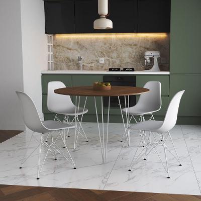 Mesa De Jantar Redonda 90Cm Amêndoa Clips 3 Pés Com 4 Cadeiras Eames Eiffel Brancas Ferro Branco