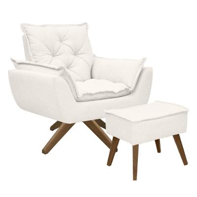 Kit Poltrona E Puff Opala Com Base Em Madeira Tecido Boucle Branco