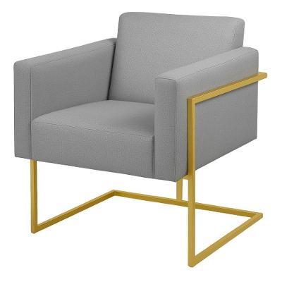 Poltrona Decorativa Bélgica Linho Cinza Claro Metal Dourado