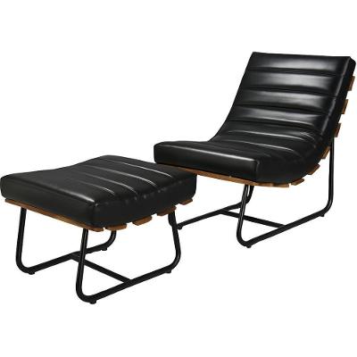 Poltrona Costela Rubi Com Puff Couro Preto Metal Preto