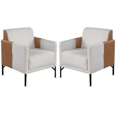 Kit 2 Poltronas Decorativa América Linho Mesclado Couro Bege Metal Preto