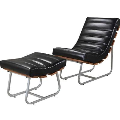 Poltrona Costela Rubi Com Puff Couro Preto Metal Champanhe