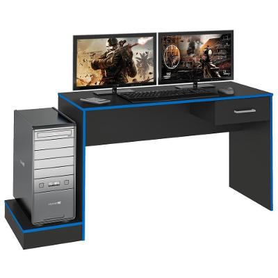 Mesa Escrivaninha Gamer 1 Gaveta 160 Cm Preto Azul Arly Preto Azul