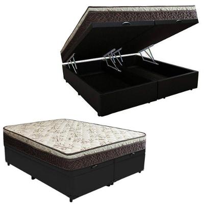 Cama Box Baú Queen Suede Bipartido + Colchão Elegance Ortopédico Espuma D33 Extra Firme 158x198x63 Preto