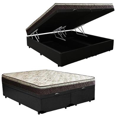 Cama Box Baú Queen Sintético Bipartido + Colchão Elegance Ortopédico Espuma D33 Extra Firme 158x198x63 Preto