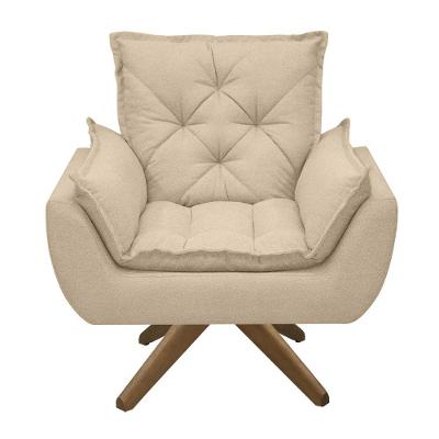 Poltrona Opala Conforto Base Giratória Madeira Tecido Boucle Areia