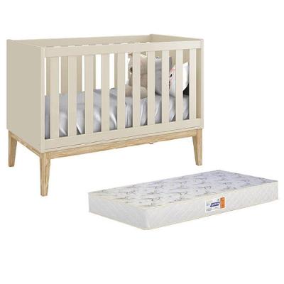 Berço Americano Classic Areia Fosco Com Pés Madeira Natural E Colchão D18 - Reller Móveis Areia Fosco