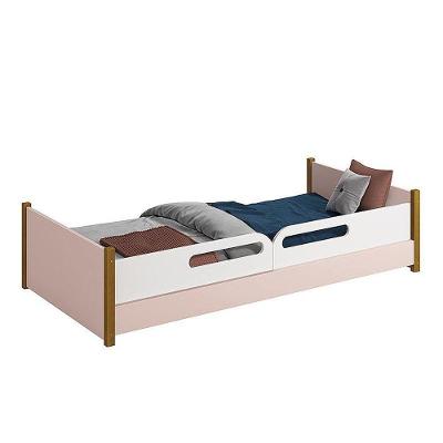 Cama Evolutiva Ravi Rosa Com Pés Amadeirado, Proteção Lateral Usinada E Colchão D33 - Reller Móveis Rosa Fosco