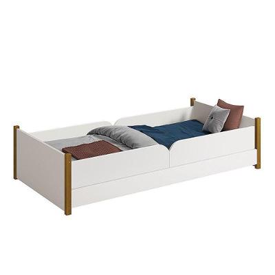 Cama Evolutiva Ravi Branco Pés Amadeirado, 2 Kits Proteção Lateral Lisa E Colchão D33 - Reller Móveis Branco Fosco