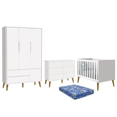 Dormitório Theo 3 Portas, Cômoda 6 Gavetas, Berço Branco Fosco Com Pés Amadeirado E Colchão - Reller Móveis Branco Fosco