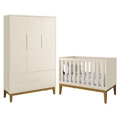 Jogo De Quarto Infantil Guarda Roupa 3 Portas E Berço Classic Areia Fosco Com Pés Amadeirado - Reller Móveis Areia Fosco