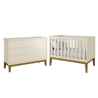 Jogo De Quarto Infantil Cômoda 1 Porta E Berço Classic Areia Fosco Com Pés Amadeirado - Reller Móveis Areia Fosco