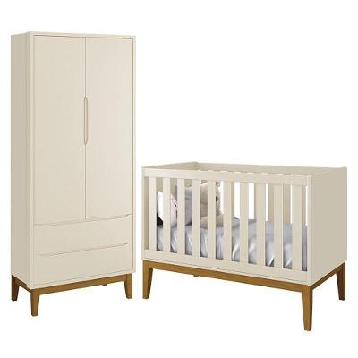 Jogo De Quarto Infantil Guarda Roupa 2 Portas E Berço Classic Areia Fosco Com Pés Amadeirado - Reller Móveis Areia Fosco
