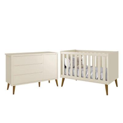 Jogo De Quarto Infantil Theo Retrô Cômoda 1 Porta E Berço Areia Fosco Com Pés Amadeirado - Reller Móveis Areia Fosco