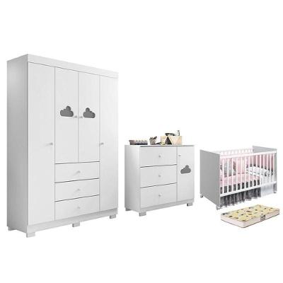 Dormitório Infantil Ane Guarda Roupa, Cômoda, Berço Tico Branco Com Colchão Supreme - Phoenix Baby Branco