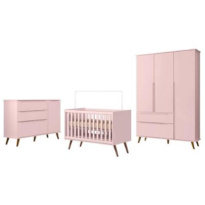 Dormitório Melinda Guarda Roupa, Cômoda Com Porta E Berço Retrô Rosê Acetinado - Phoenix Baby Rosê Acetinado